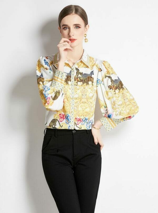 Modern Spring Shirt Collar Flowers Puff Sleeve Blouse 3