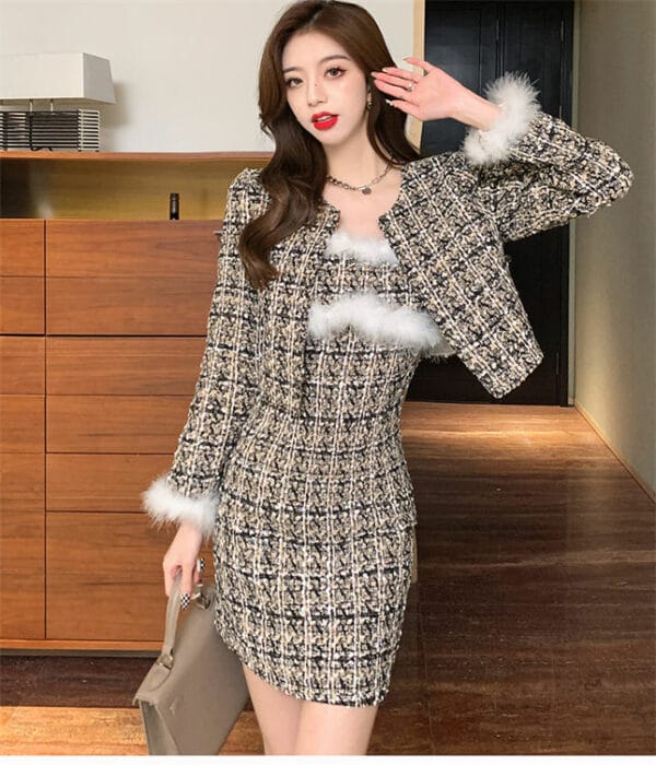 Modern Winter Fur Spicing Short Jacket with Straps Tweed Dress 3