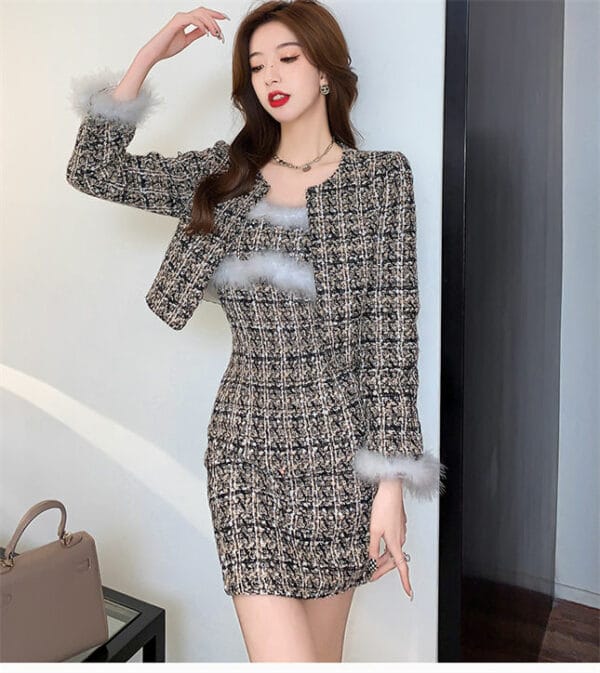 Modern Winter Fur Spicing Short Jacket with Straps Tweed Dress 2