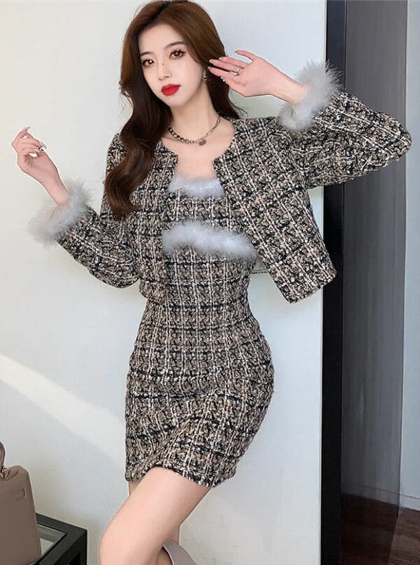 Modern Winter Fur Spicing Short Jacket with Straps Tweed Dress 1