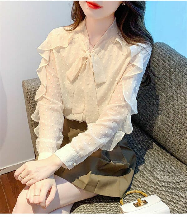 New Arrive Flouncing Long Sleeve Tie Bowknot Chiffon Blouse 4