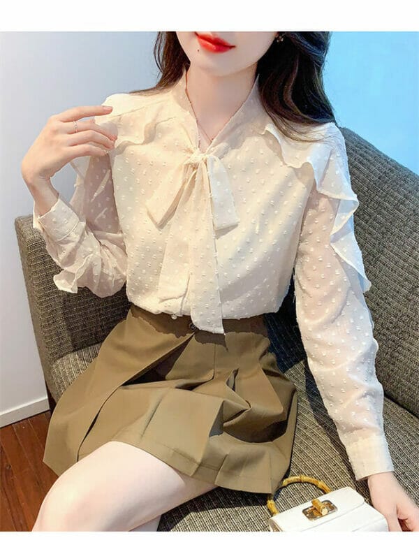 New Arrive Flouncing Long Sleeve Tie Bowknot Chiffon Blouse 2