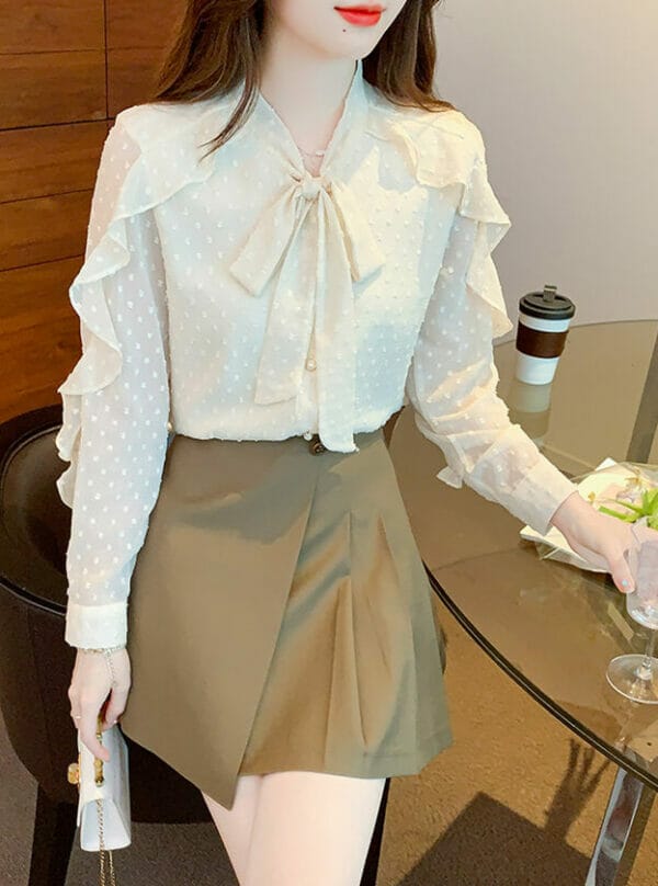 New Arrive Flouncing Long Sleeve Tie Bowknot Chiffon Blouse 1