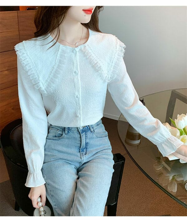 OL Pleated Doll Collar Long Sleeve Chiffon Blouse 5