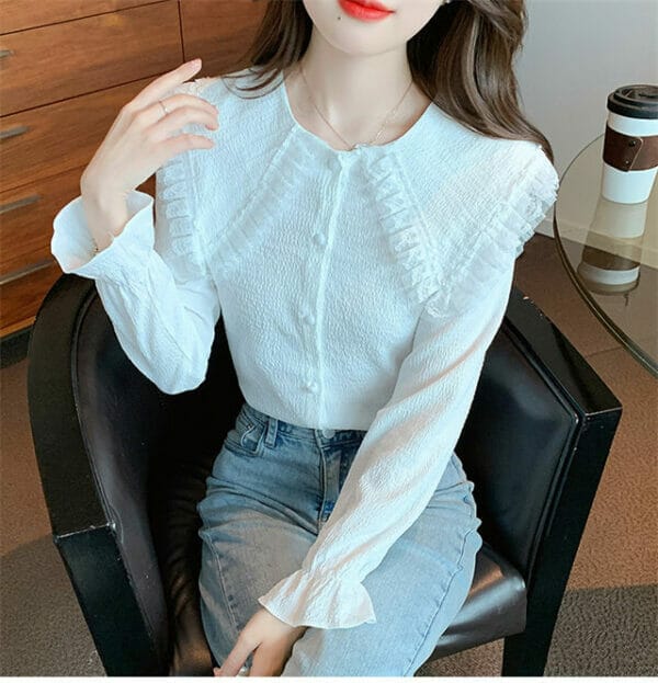 OL Pleated Doll Collar Long Sleeve Chiffon Blouse 4