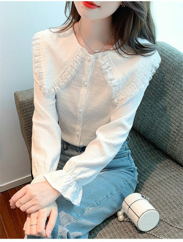 OL Pleated Doll Collar Long Sleeve Chiffon Blouse 2