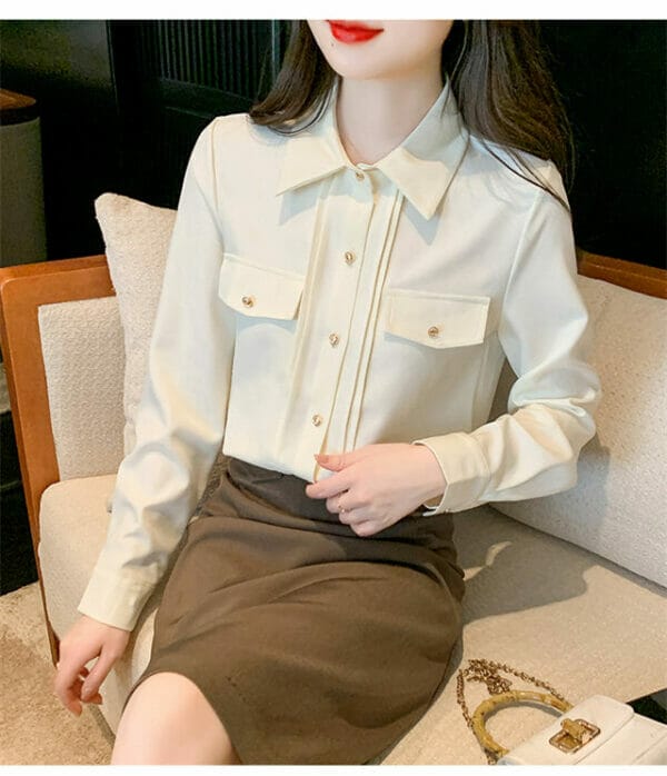 OL Shirt Collar Pleated Long Sleeve Blouse 5