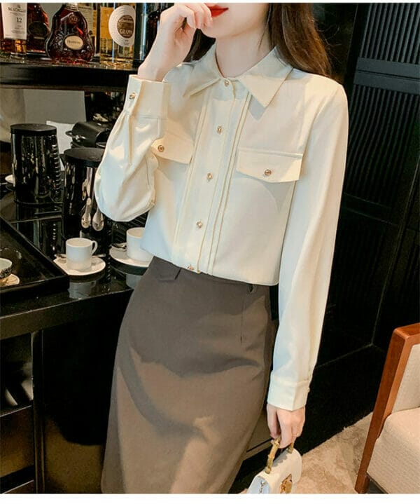 OL Shirt Collar Pleated Long Sleeve Blouse 4