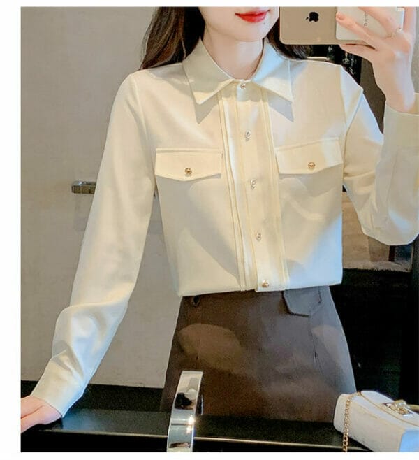 OL Shirt Collar Pleated Long Sleeve Blouse 3