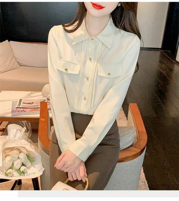 OL Shirt Collar Pleated Long Sleeve Blouse 2