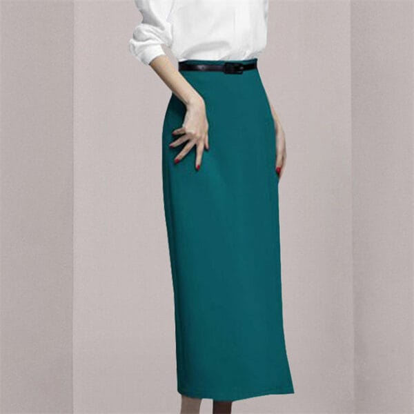 OL V-neck Puff Sleeve Blouse with Slim Long Skirt 4