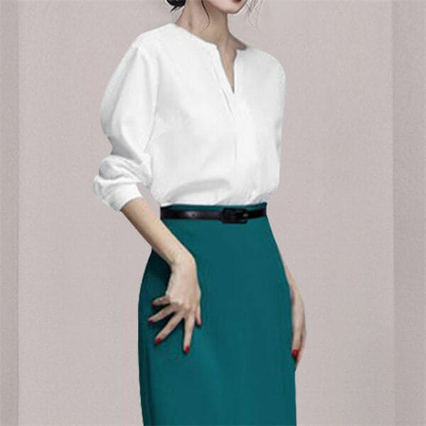 OL V-neck Puff Sleeve Blouse with Slim Long Skirt 3