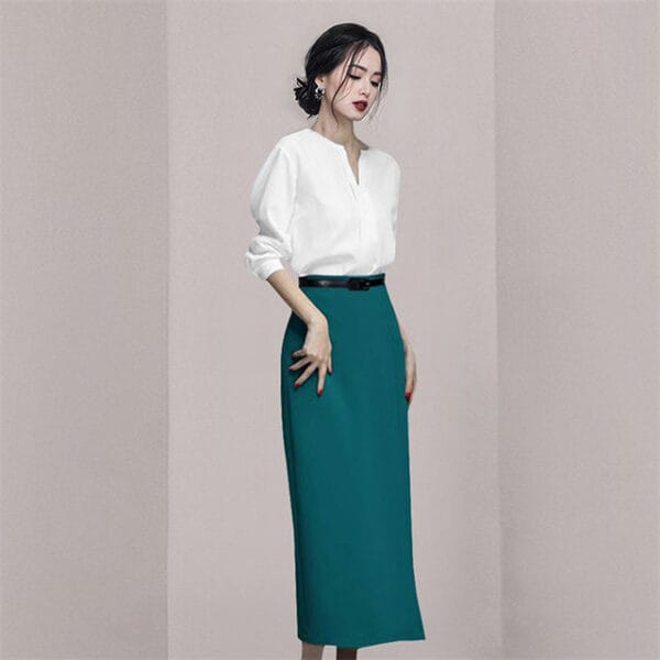 OL V-neck Puff Sleeve Blouse with Slim Long Skirt 2