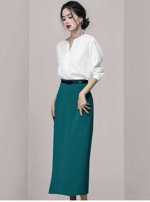 OL V-neck Puff Sleeve Blouse with Slim Long Skirt 1