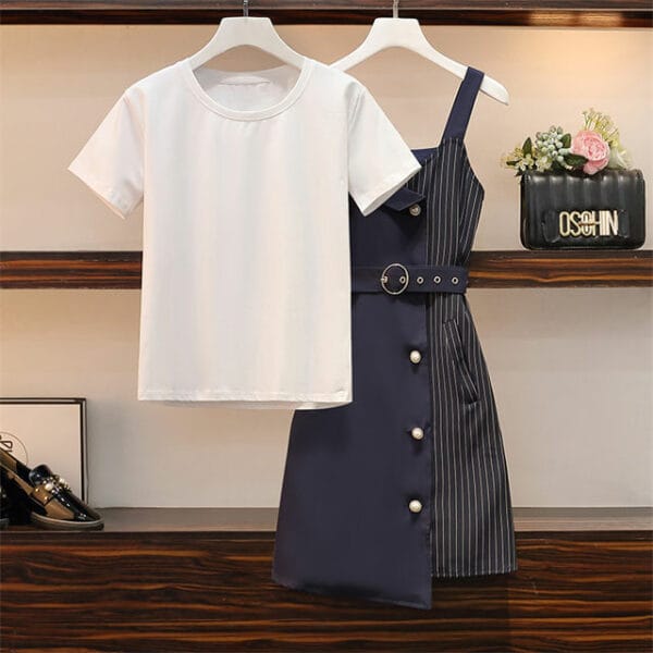 Plus Size Cotton T-shirt with Single-breasted Stripes Dress 3