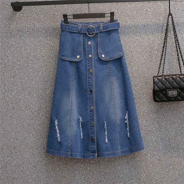 Plus Size Plaids Twisted Waist Blouse with Denim A-line Skirt 5
