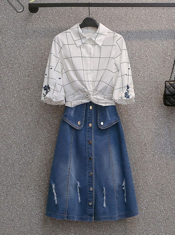 Plus Size Plaids Twisted Waist Blouse with Denim A-line Skirt 1