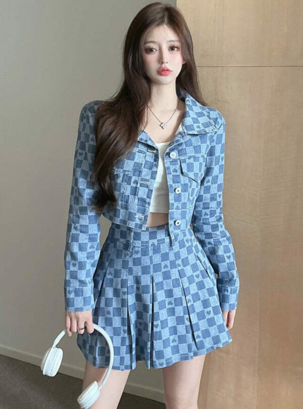 Preppy 2 Colors Shirt Collar Heart Plaids Pleated Dress Set 1