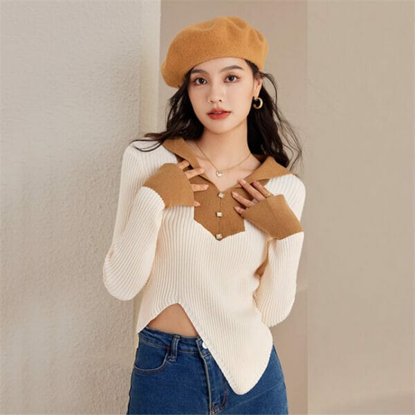 Preppy Color Block Shirt Collar Split Knitting T-shirt 3