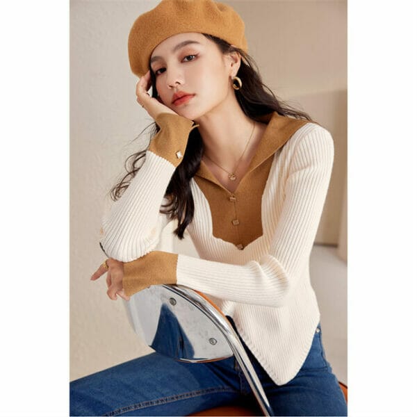 Preppy Color Block Shirt Collar Split Knitting T-shirt 2