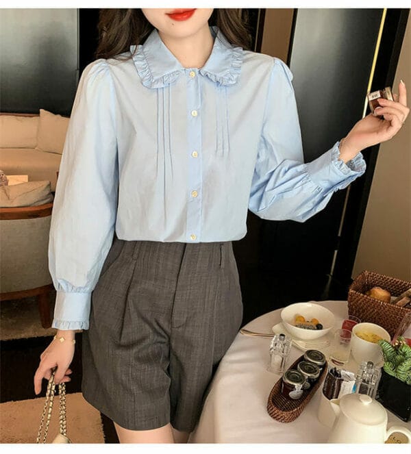 Preppy Doll Collar Pleated Long Sleeve Blouse 2