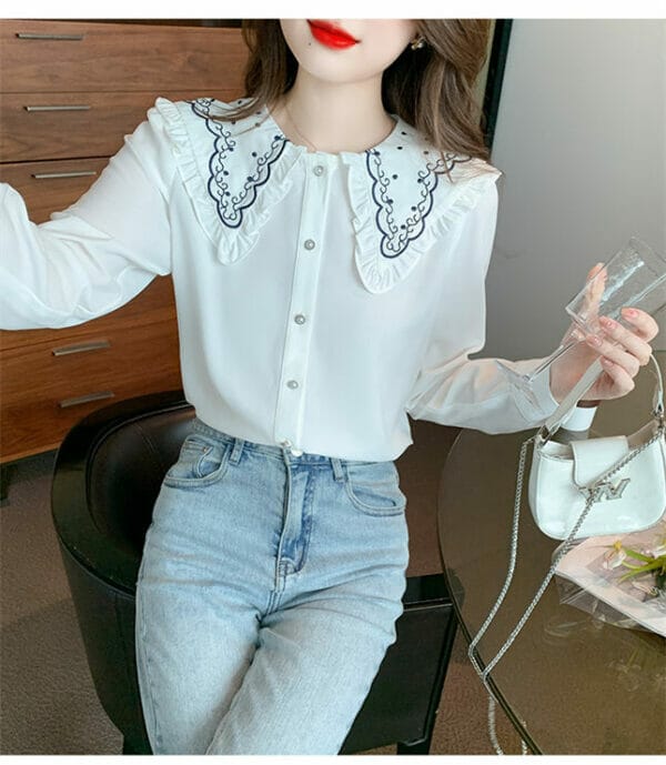 Preppy Embroidery Doll Collar Casual Chiffon Blouse 4