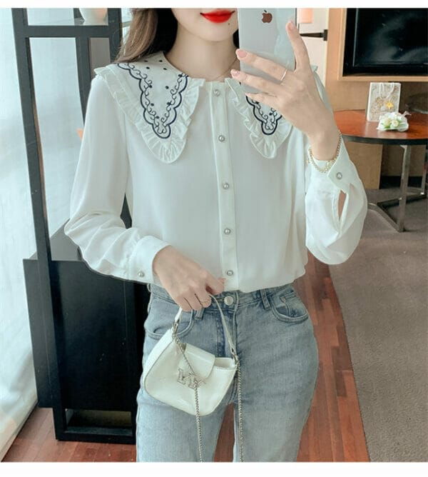 Preppy Embroidery Doll Collar Casual Chiffon Blouse 3