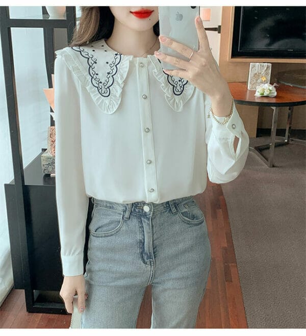 Preppy Embroidery Doll Collar Casual Chiffon Blouse 2