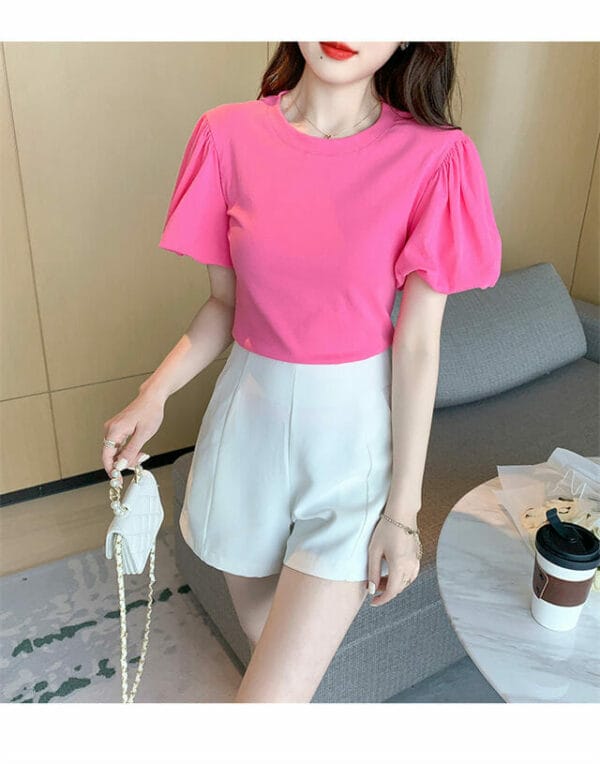 Preppy Fashion 2 Colors Round Neck Puff Sleeve Blouse 2