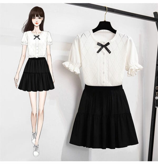 Preppy Fashion Bowknot Knitting Blouse with Pleated Skirt 2