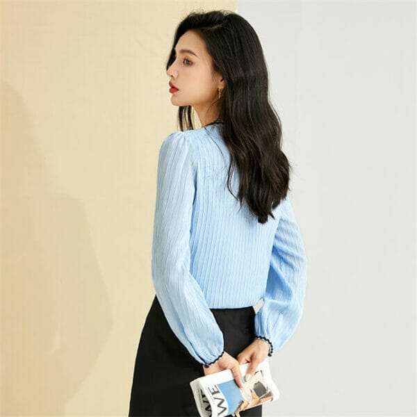 Preppy Fashion Buttons V-neck Knitting Puff Sleeve Blouse 5