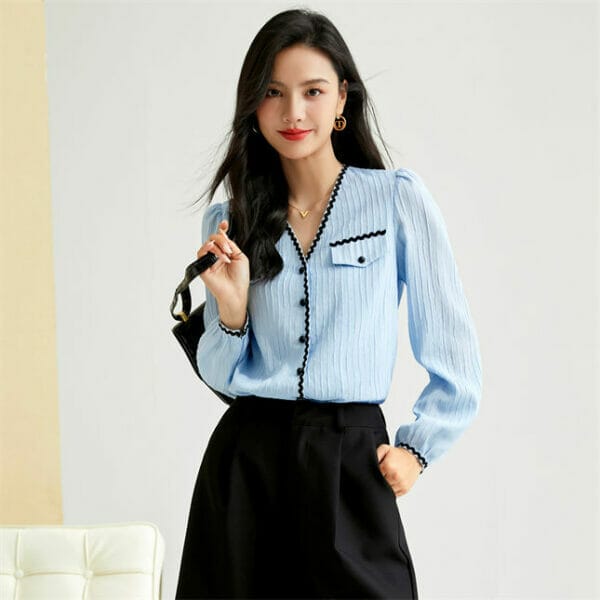 Preppy Fashion Buttons V-neck Knitting Puff Sleeve Blouse 3