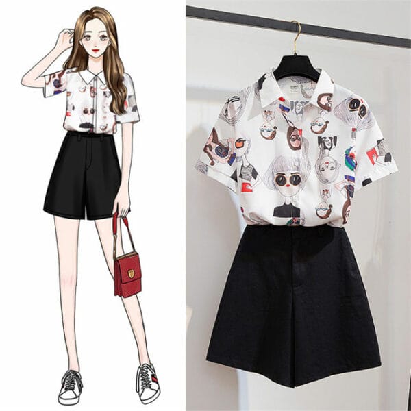 Preppy Fashion Cartoon Printings Blouse with Short Pants 2