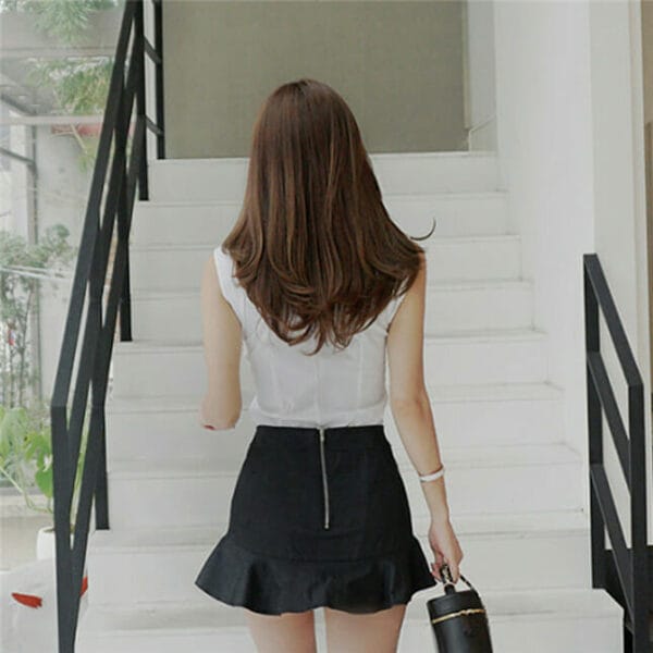 Preppy Fashion Dots Tie Blouse with Fishtail Short Skirt 5