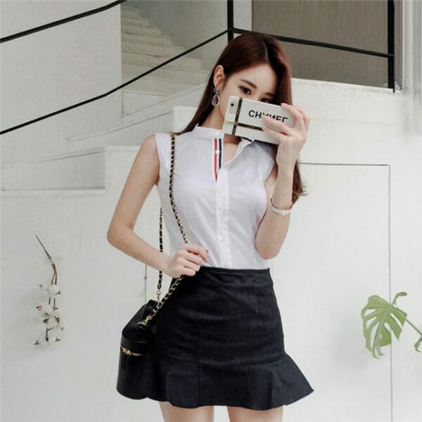 Preppy Fashion Dots Tie Blouse with Fishtail Short Skirt 4