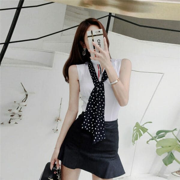Preppy Fashion Dots Tie Blouse with Fishtail Short Skirt 3