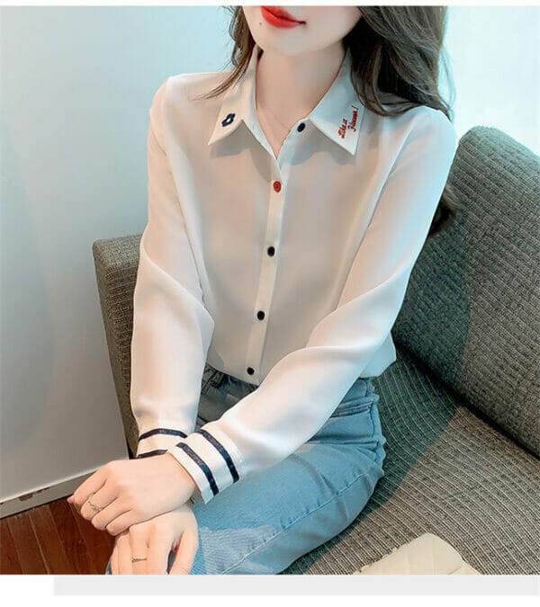 Preppy Fashion Embroidery Shirt Collar Chiffon Blouse 5