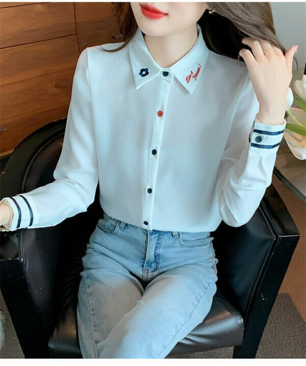 Preppy Fashion Embroidery Shirt Collar Chiffon Blouse 4