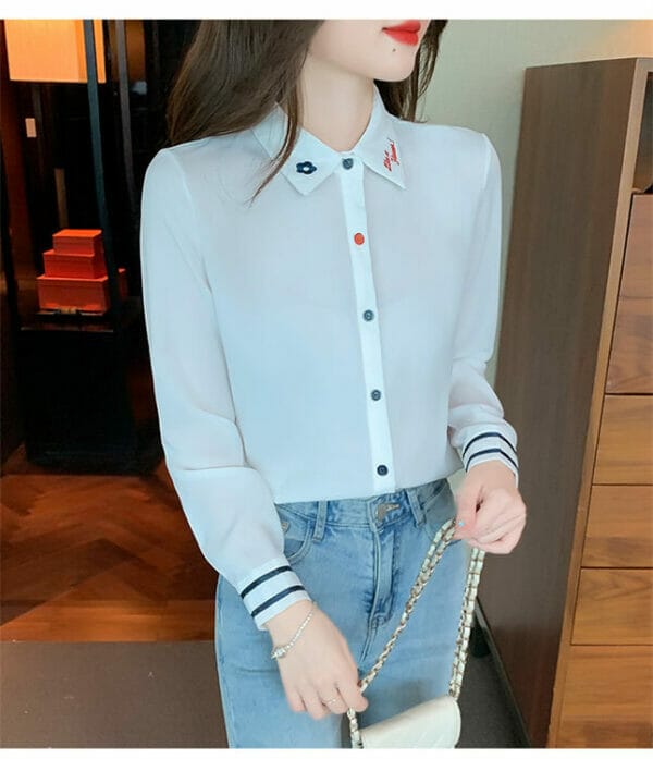 Preppy Fashion Embroidery Shirt Collar Chiffon Blouse 3