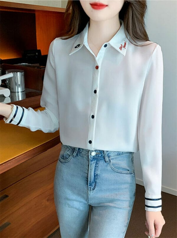 Preppy Fashion Embroidery Shirt Collar Chiffon Blouse 1