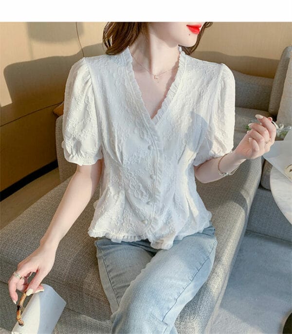 Preppy Fashion Flowers V-neck Puff Sleeve Short Blouse 2