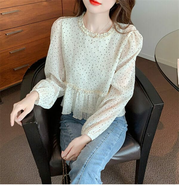 Preppy Fashion Pleated Round Neck Dots Puff Sleeve Blouse 5