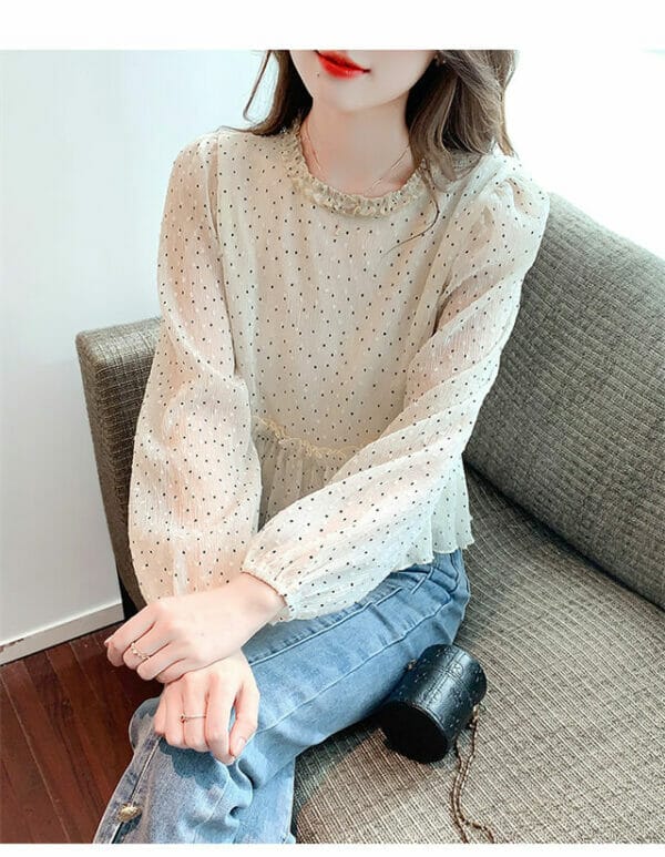 Preppy Fashion Pleated Round Neck Dots Puff Sleeve Blouse 4