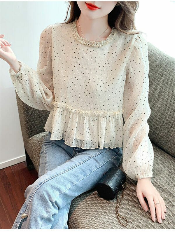 Preppy Fashion Pleated Round Neck Dots Puff Sleeve Blouse 3