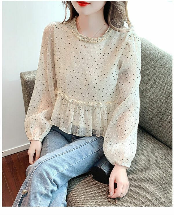 Preppy Fashion Pleated Round Neck Dots Puff Sleeve Blouse 2