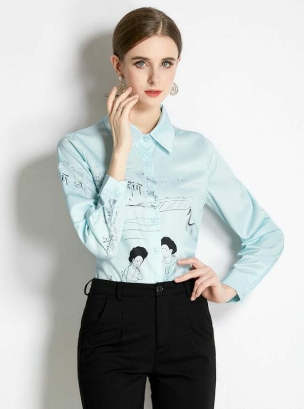 Preppy Fashion Shirt Collar Cartoon Printings Blouse 2