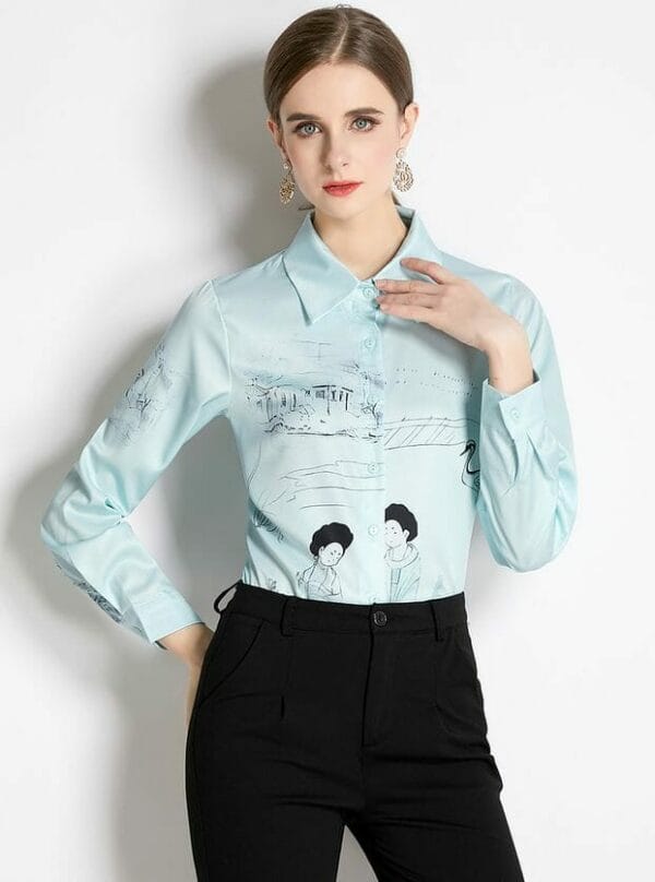 Preppy Fashion Shirt Collar Cartoon Printings Blouse 1