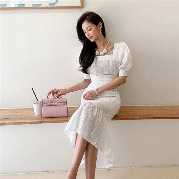 Preppy Fashion Square Collar Puff Sleeve Fishtail Dress Set 4