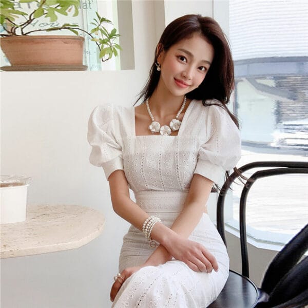 Preppy Fashion Square Collar Puff Sleeve Fishtail Dress Set 2