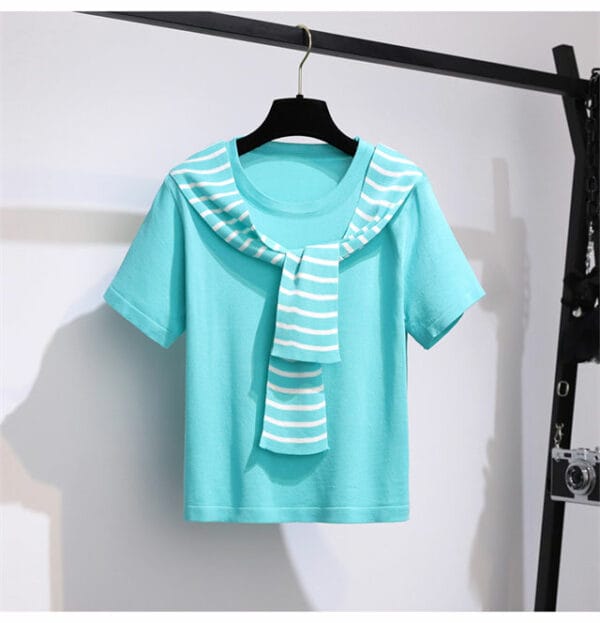 Preppy Fashion Stripes Tie Collar T-shirt with Short Pants 3